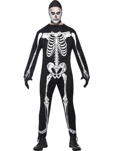 MENS SKELETON JUMP BODY SUIT COSTUME HALLOWEEN FANCY DRESS BONES GLOVES OUTFIT