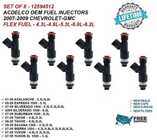 ACDELCO FUEL INJECTORS 8X for 2007-2009 CHEVROLET-GMC 4.3L-4.8L-5.3L-6.0L-6.2L