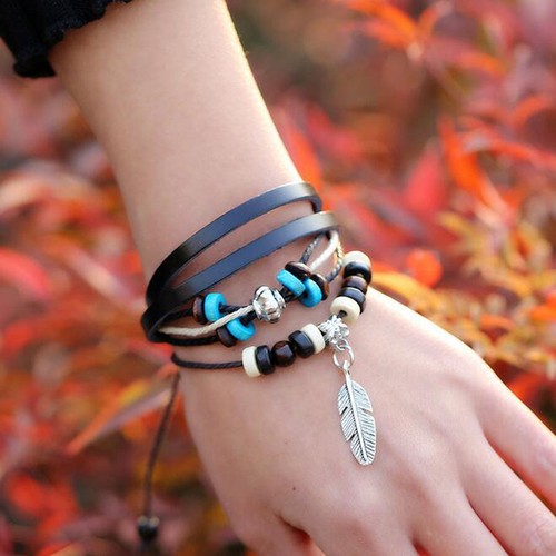 Mens Adjustable Genuine Leather Bracelet Bangle Leaf Wristband Punk Cuff Beaded