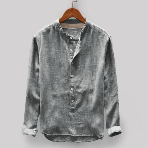 Vintage Mens Cotton Linen T Shirt Button Long Sleeve Blouse Casual Soft Tops