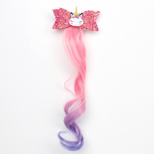 5pcs Girls Kid Unicorn Hair Bow Clip Rainbow Extensions Wig Pony Party Headpiece