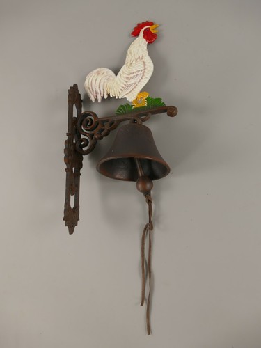 Wandglocke Gußeisen weisser Hahn H.45cm Haus Tür Klingel antik Vintage Geschenk