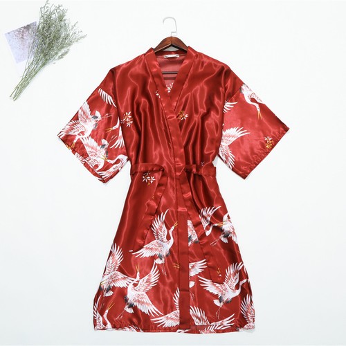 Crane printing silk-like robe wedding bride dressing gown home to the size robe