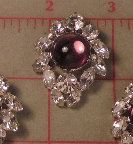 2 Fine Shank Buttons 1.5/" Amythyst Glass Cabochon w Rhinestones /& Navettes #G575