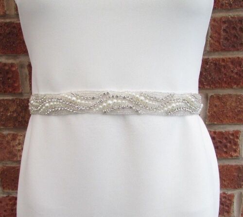 Silver Diamante Seed Bead Ivory White Pearl Wedding Dress Belt Crystal Sash 5860