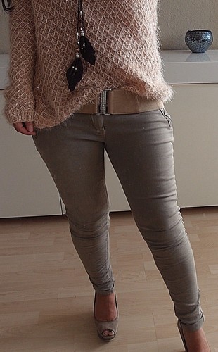 Damen Hose S M L Neu Röhren jeans Skinny Freizeit Beige Blogger Baumwolle Chic