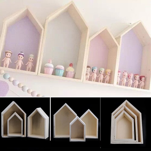 Holz unbeh. 3 teiliges Set Holzbox Wandregal Wanddekoration Regalbox Hausform