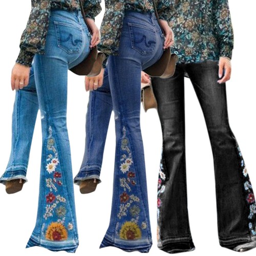 Womens Skinny Flare Denim Jeans Retro Bell Bottom Stretch Pants Trousers UK 6-20