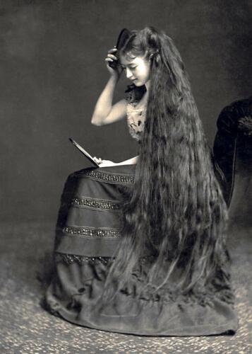 Antique Photo .. Photo Print 5x7 Victorian Woman With Long Hair .. 