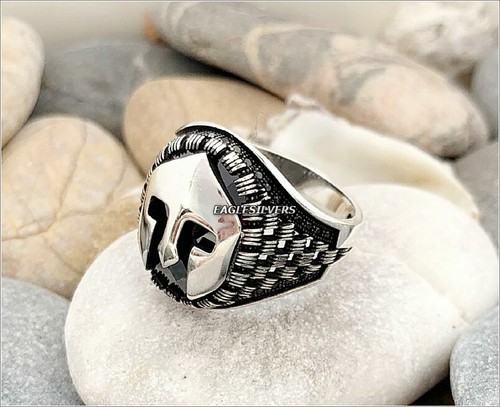925 sterling silver Spartan helmet Roman Gladiator Black stone Men/'s Woman Ring