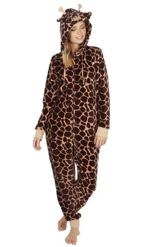 Ladies Novelty Flannel Fleece Animal Hooded Onezee ~ Giraffe or Snow Leopard