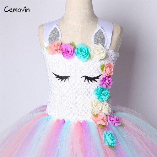 Flower Embroidery Girls Unicorn Tutu Dress Pastel Rainbow Princess Girls