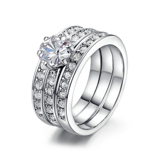 3 Pcs acier inoxydable Fashion Hommes Cadeau Ring Set de mariage zircon plaqué argent