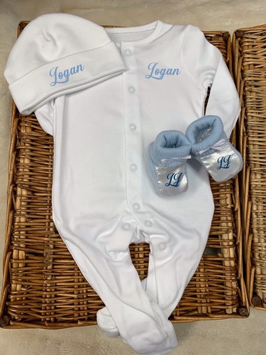 Personalised Babygrow Sleep Suit Hat Booties Custom-Made ANY NAME Any Slogan