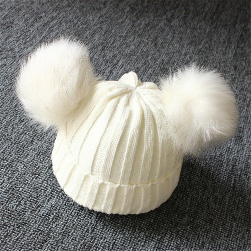 Newborn Baby Boy Girls Double Fur Pom Winter Warm Bobble Knit Beanie Hat Cap