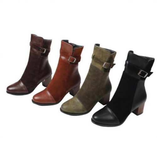 Details about / New Women Patchwork Pattern Buckle Block Heel Casual Anke Boots Pumps Feng8