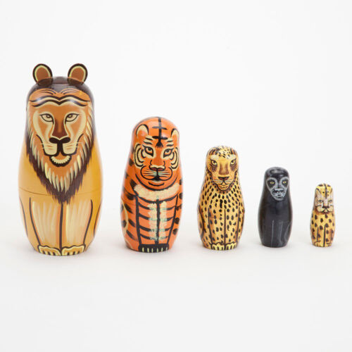 DI 5Pcs//Set Hand Painted Lion Animal Wooden Nesting Dolls Matryoshka Figurines