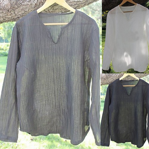 Summer Beach Mens Casual Solid V-Neck Long Sleeve Linen Shirt Cool Top T-shirts