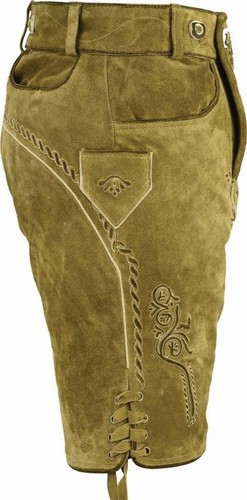 plastische Bestickung Lederhose sand-beige Träger kurze Trachtenlederhose