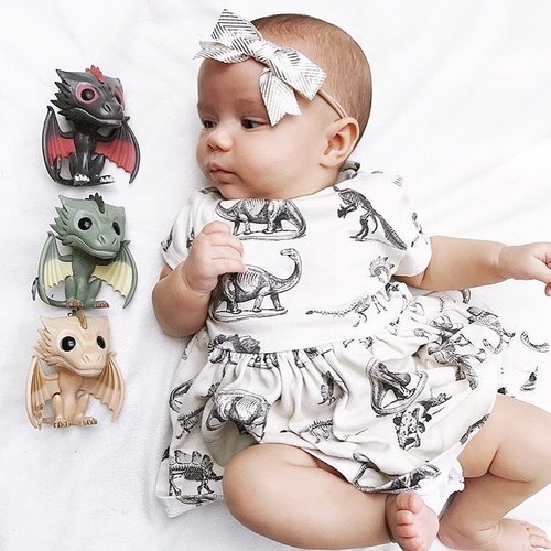 Infant Kid Baby Girl Half Sleeve Dinosaur Dress Outfit Beige Cotton Clothes 0-3Y