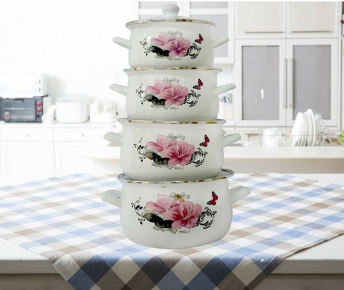Email Pots Set 8 Pièces Blanc 16,18,22,24 cm Casserole avec couvercle en verre Pott