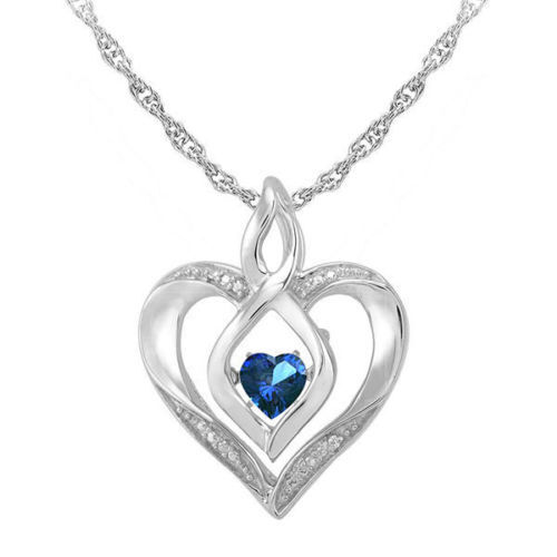 Details about  &nbsp;14K WHITE GOLD OVER LOVE IN MOTION HEART BLUE SAPPHIRE PENDANT NECKLACE 18&#034;CHAIN