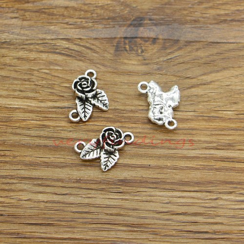 25 Rose Connector Charms Flower Floral Jewelry Charm Antique Silver Tone 20x13