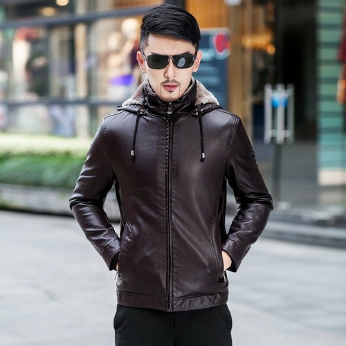 Men/'s Winter Casual Thicken Fleeces Leather Jacket Warm Slim Fit Outwear Hooded