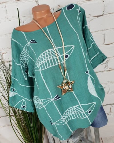 NEU ITALY SOMMER LEINEN SHIRT BLUSE /"FISCHE/" MARITIM GRÜN 38-42