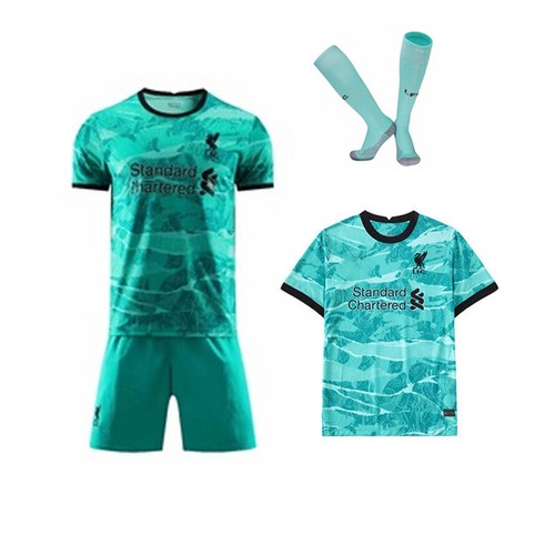 20-21 Football Kit Red Soccer Suits Kids 3-14Y Jersey Strips Sports Outfit+Socks