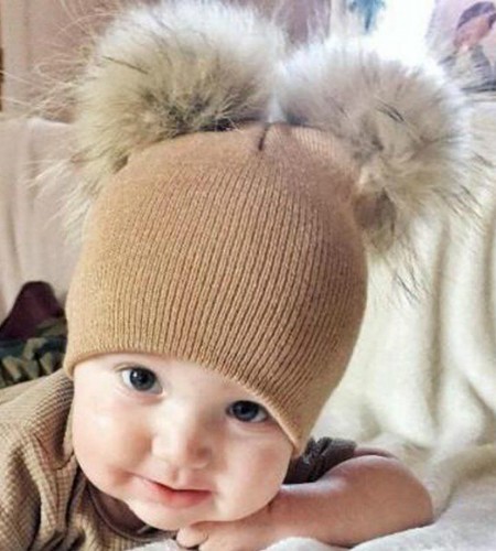 Winter Beanie Wool Knit Hat Raccoon Fur Double Big Ball Pompom Bobble Ski Cap