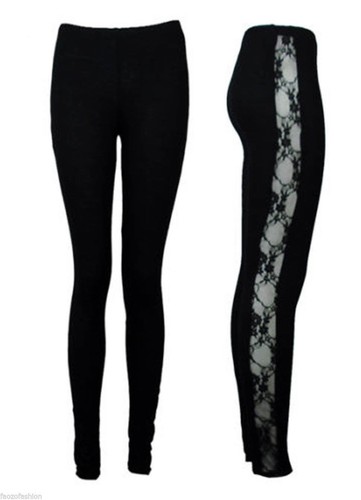 NEW WOMENS LACE SIDE PANEL FULL LENGTH LADIES LEGGINGS SIZE 8 10 12 14