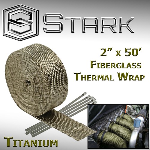 U 2/" x 50FT Exhaust Header Fiberglass Heat Wrap Tape w// 5 Steel Ties Titanium