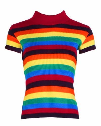 Donna Rainbow Stripe a Coste Lavorato a Maglia Maglione Donna Manica Corta Novità Maglione Top