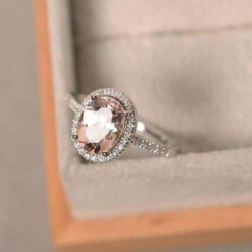 1.65Ct Oval Cut Peach Morganite Halo Engagement Ring 14K White Gold Finish