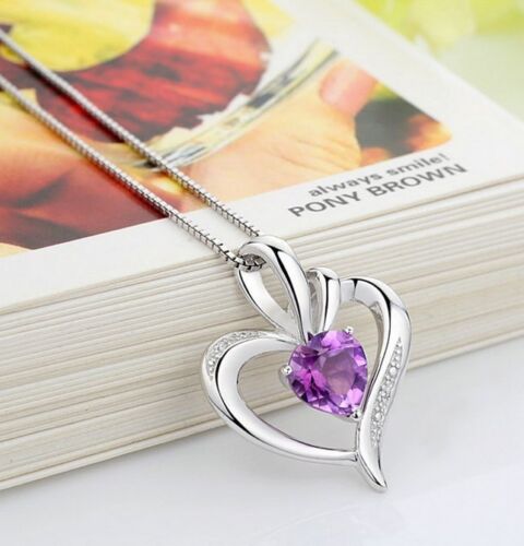 Sterling Silver Necklace Chain Amethyst Crystal Heart Purple Pendant Gift Box E4