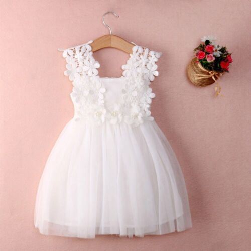 New Baby Kids Clothes Party Birthday Flower Bow White Tulle Lace Girls Dress UK