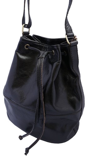 Tan and Black Leather Drawstring Duffle Shoulder Bag Bucket bag
