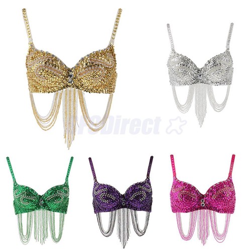 Luxury Belly Dancer Top Bra Sequin Beads Fringe Clubwear Performance Costumes