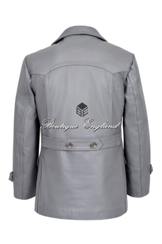 GERMAN PEA COAT Grey Men/'s Classic Reefer Military Hide Leather Jacket Dr Who