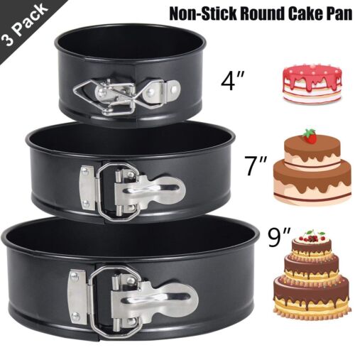 SET OF 3 ROUND CAKE TIN NON STICK SPRING FORM LOOSE BASE BAKING PAN TRAYS