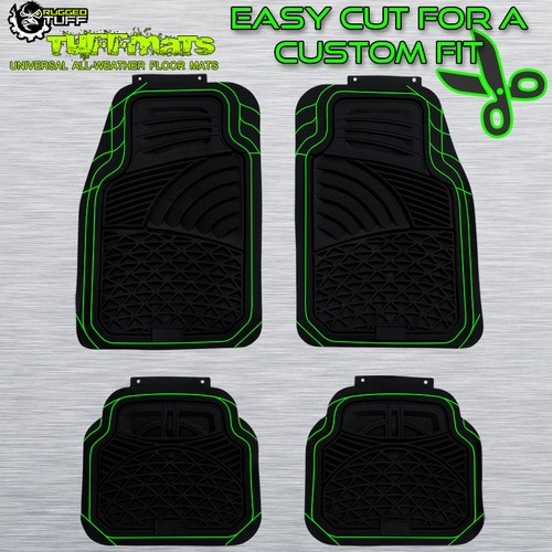 BLACK 4 PCS RUGGED TUFF FLOOR MATS NEW UNIVERSAL TRIM CUT HEAVY DUTY ALL WEATHER