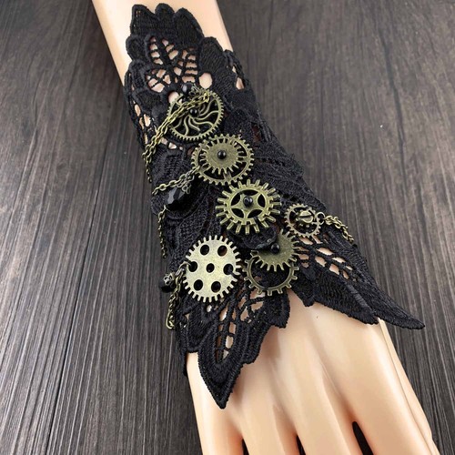 Women Gears Grace Gothic Black Lace Bracelet Steampunk Slave Wristband
