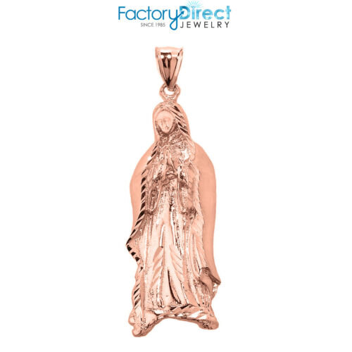 Solid Rose Gold Virgin Mary Santa Maria Diamond Cut Charm Pendant