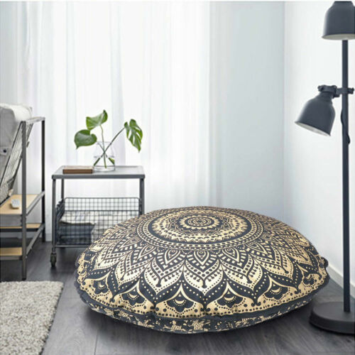 32" Black Gold Ombre Mandala Decorative Floor Pillow Cushion Cover Round Indian 