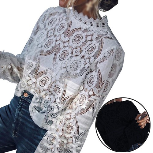 Damentops Hemd Bluse Oberteile Tops Freizeit Lange Ärmel Spitze Häkeln Formell