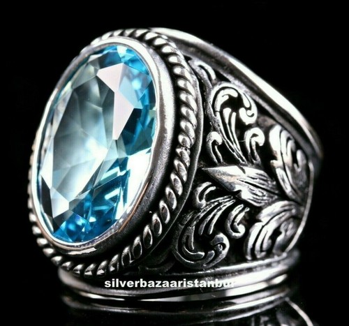 Turkish Handmade Ottoman 925 Sterling Silver Clear Aquamarine Mens Ring All Size
