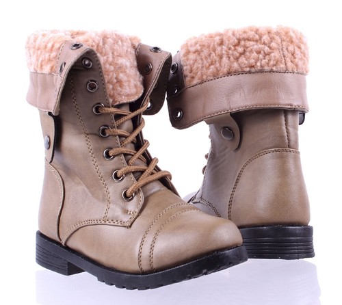 2-Way Faux Fur Fold Style Lace Up Military Combat Kids Youth Boots Size 9-4
