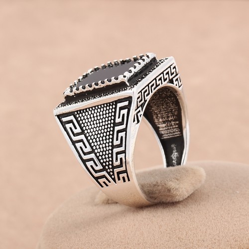 Turkish Handmade Ottoman Theme Men Ring Black Onyx Stone 925 Sterling Silver