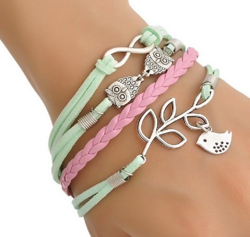 NEU Armband Lederarmband Mehrreihig mintgrün rosa Vogel Eule Intinity H2